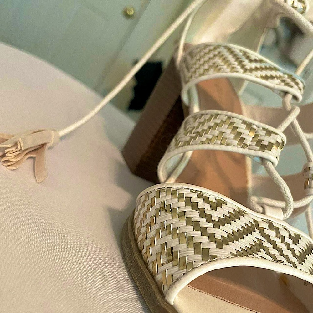 Woven White and Gold Lace-up Heels with Fringe Ties